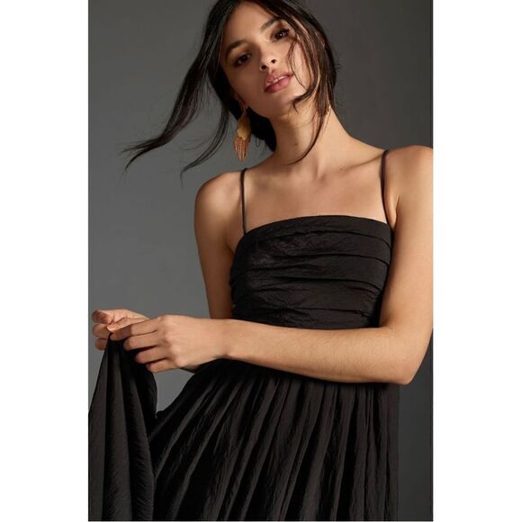 NEW Anthropologie Lorelei Ruched-Bodice Pleated Vintage Black Midi Dress Small - Picture 4 of 8